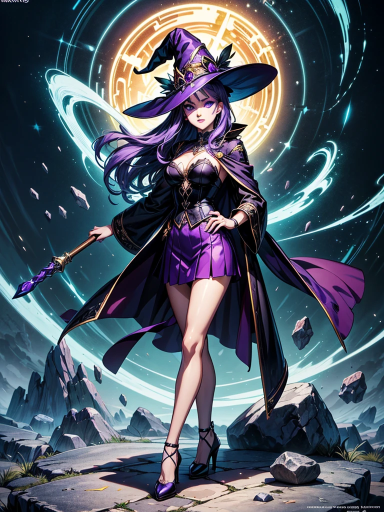 In the middle of so the storm on the stone field stand beatiful witch, she have a beautiful face with blue eyes shining purple lipstick and purple eye shadows, she have long blue hair with purple highlights, she dressed in black long coat short skirt high heels shoes and witch hat on her head , there is lighnings all around her, (ultra high quality fantasy art, anime fantasy style, masterpiece, ultra high quality character design, 8k quality anime art, realistic anime art, top quality wallpaper illustration, detailed ultra high quality accurate face, high quality design and accurate physic)