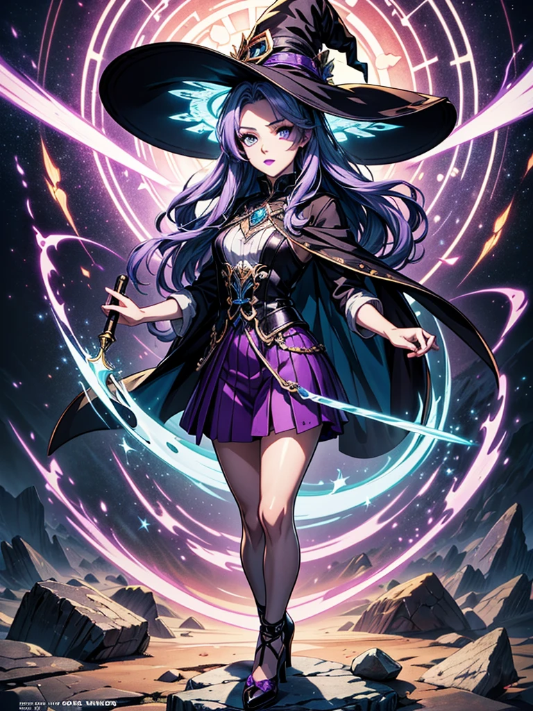 In the middle of so the storm on the stone field stand beatiful witch, she have a beautiful face with blue eyes shining purple lipstick and purple eye shadows, she have long blue hair with purple highlights, she dressed in black long coat short skirt high heels shoes and witch hat on her head , there is lighnings all around her, (ultra high quality fantasy art, anime fantasy style, masterpiece, ultra high quality character design, 8k quality anime art, realistic anime art, top quality wallpaper illustration, detailed ultra high quality accurate face, high quality design and accurate physic)