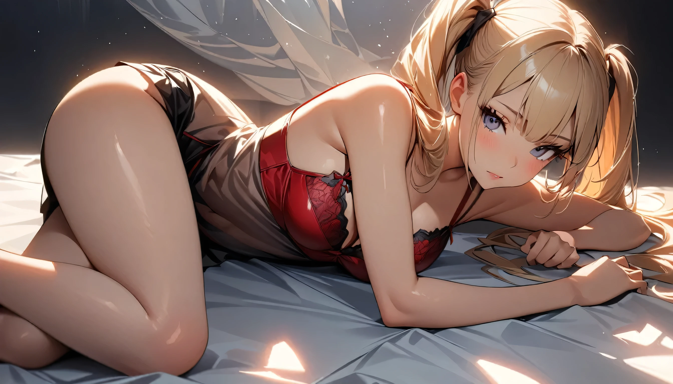 (highest quality:1.2, Very detailed, up to date, Vibrant, Ultra-high resolution, High Contrast, masterpiece:1.2, highest quality, Best aesthetics), (((1 girl))), Marie rose,  , very cute girl, middle breast, slender body, small hip, Woman in seductive pose, twin pony tail  hair with highlights, Eyes and lips with plenty of detail, Glowing, soft skin, Subtle blush, Delicate Jewelry, Glamorous makeup, Red lace lingerie, See-through lingerie, Feminine curves and contours, Sensual atmosphere, Dramatic lighting, Romantic colors, Lying on pure white silk sheets, Cowboy Shot