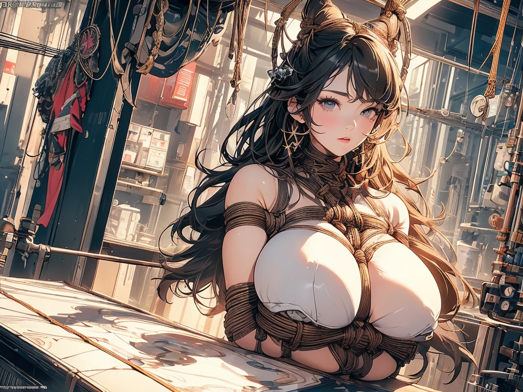 (masterpiece, Highest quality, 32K Wallpapers, Very detailed,portfolio), One girl:1.2, breast enhancement、More Angles、highlight、Detailed face、Very talented、((bondage:1.8)), (The most complex machine), (Genius Mechanic),(Overall colorful), ((Huge breasts:1.4)),A machine that covers the whole body:2.0、BDSM:1.4, nsfw