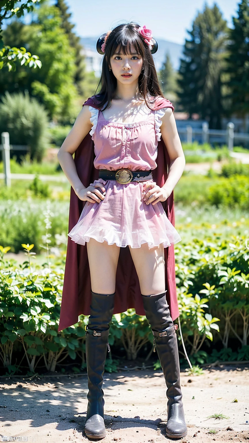 (8K、RAW Photos、Highest quality、masterpiece:1.2)、(Realistic、Realistic)、1 Girl、((mini skirt、Cape、See-through、Frills、Sleeveless、Pink and black、Thin legs、whole body、boots、one piece、garden、View from the front、Looking into the camera、belt、Stand with hands on hips))、cute