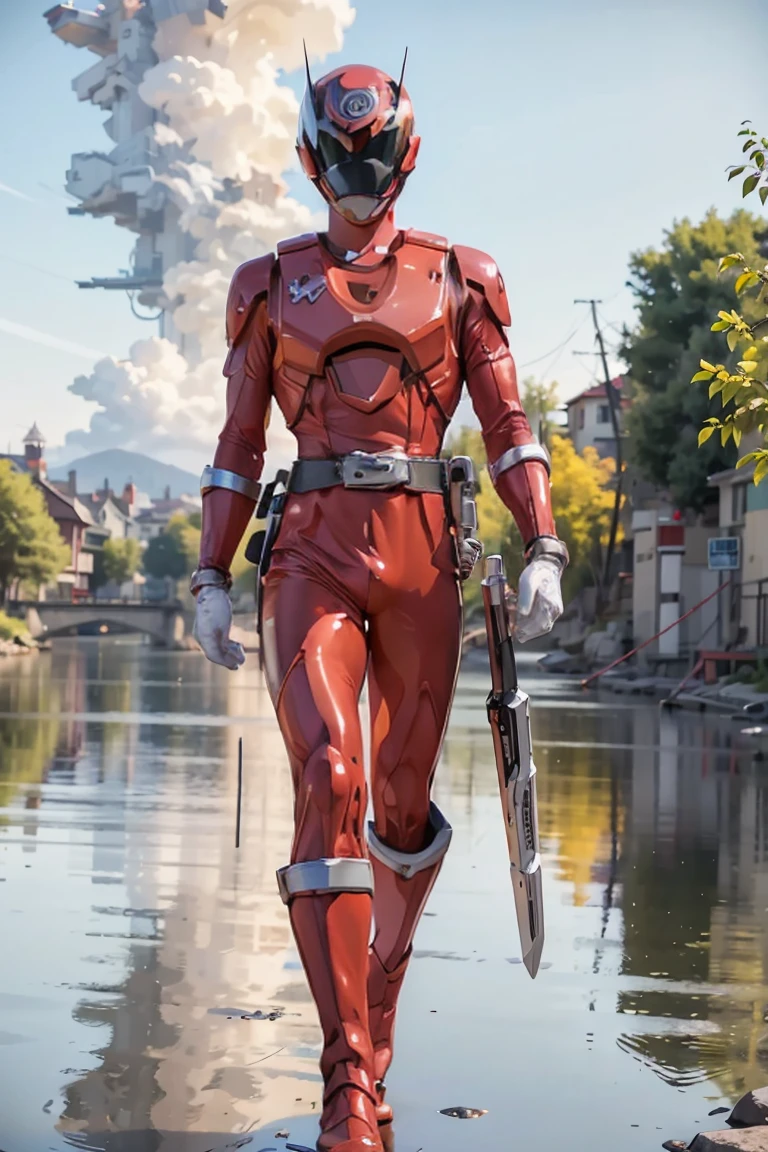 The sunset flies with the lonely geese in the distance, and the autumn river water and the vast sky are connected, icons,1boy, white, full body, Illustration, cinematic light, high resolution, best quality, ultra detailed, masterpiece, power suit, powerranger, suit, spd, (silver royal guard ranger suit), gold detail