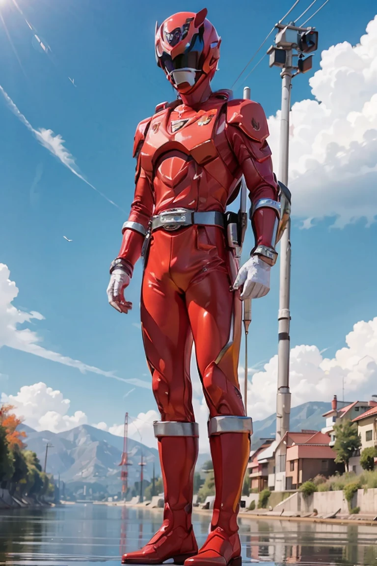 The sunset flies with the lonely geese in the distance, and the autumn river water and the vast sky are connected, icons,1boy, white, full body, Illustration, cinematic light, high resolution, best quality, ultra detailed, masterpiece, power suit, powerranger, suit, spd, (silver royal guard ranger suit), gold detail