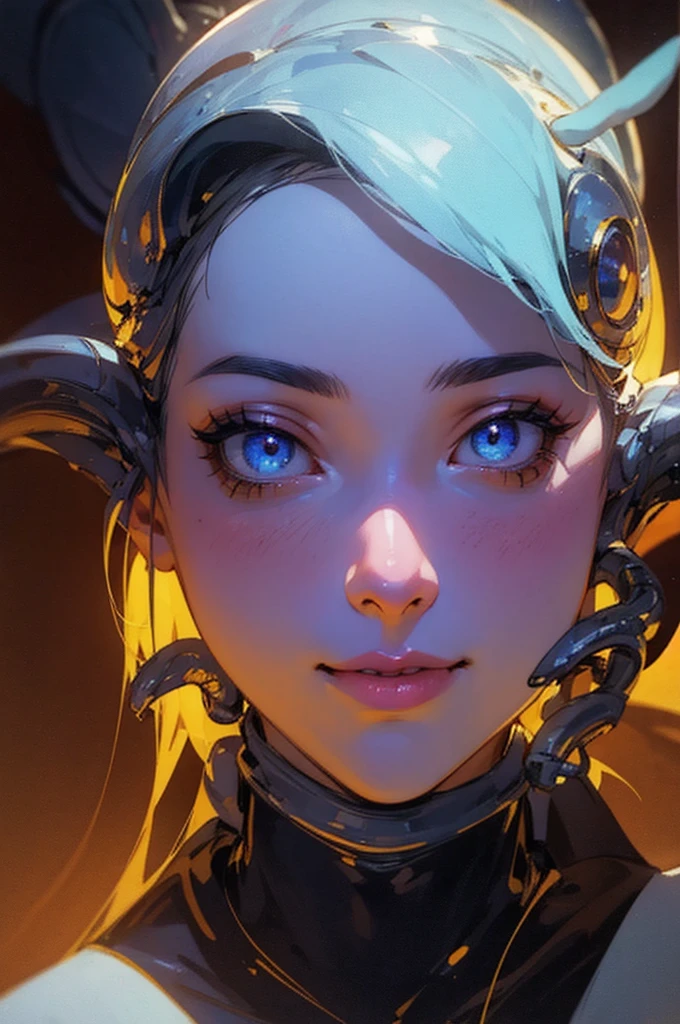 a friendly alien waving, beautiful detailed eyes, beautiful detailed lips, extremely detailed eyes and face, long eyelashes, smiling, colorful, vibrant, cinematic lighting, dramatic atmosphere, highly detailed, photorealistic, 8k, best quality, masterpiece