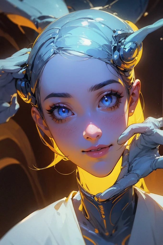 a friendly alien waving, beautiful detailed eyes, beautiful detailed lips, extremely detailed eyes and face, long eyelashes, smiling, colorful, vibrant, cinematic lighting, dramatic atmosphere, highly detailed, photorealistic, 8k, best quality, masterpiece