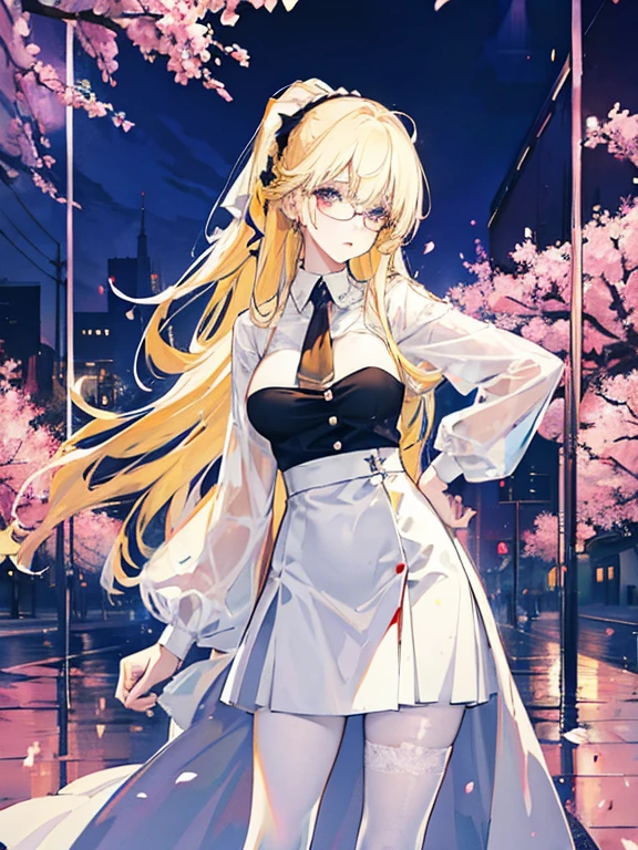 Young and beautiful Kathryn Newton, Gles, White dress shirt, The neckline is deep, Black Mini Dress, Dark pantyhose, Surreal, 14 years old, Model Diagram, Large Breasts, Beautiful breasts, Big Ass, Long hair, Ponytail, Blonde hair, Long legs, 8K, futuristic city, Cherry blossoms, sunrise, LED lighting, Anime style, (((cleveage)))，（（Leaning against the wall，Sideways posture））