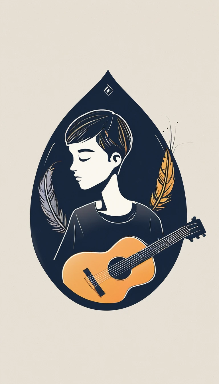 A minimal, modern, simple, cinematic logo design for the brand “Penamemoria". The logotype of a boy with a head of a feather playing acoustic guitar. The logo must convey a sense of music, stories and dreams. Minimalistic logo design of a boy dissolving into a feather of dreams and memories