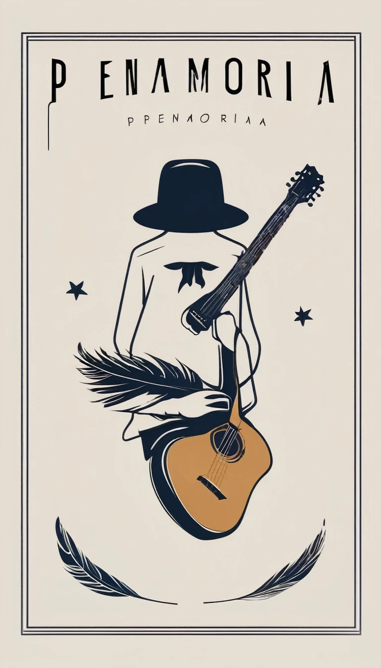 A minimal, modern, simple, cinematic logo design for the brand “Penamemoria". The logotype of a boy with a head of a feather playing acoustic guitar. The logo must convey a sense of music, stories and dreams. Minimalistic logo design of a boy dissolving into a feather of dreams and memories