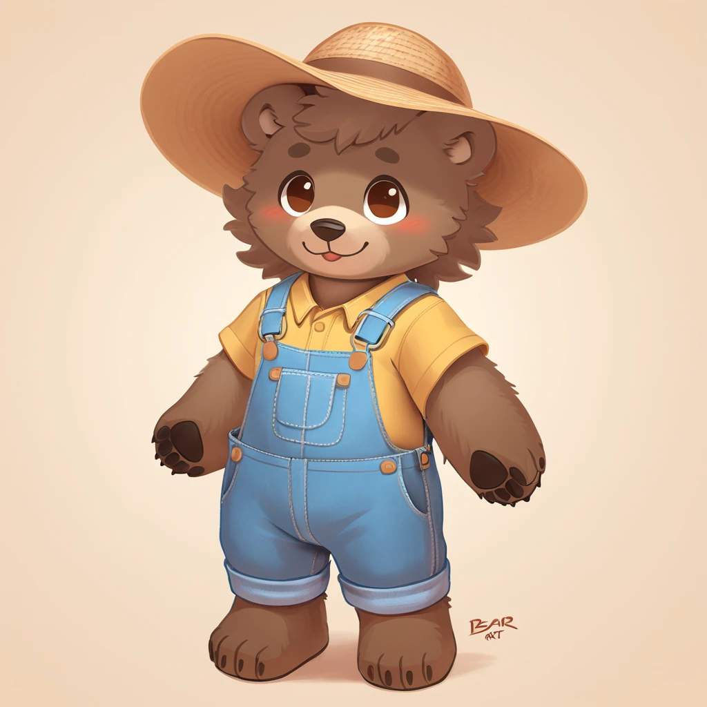straw hat and overalls in bear art style