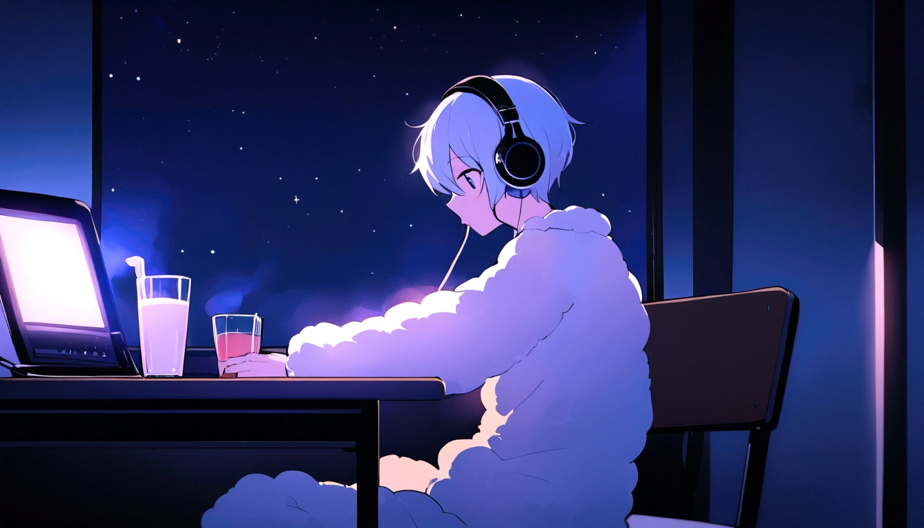 Young man wearing headphones、Single room、night、Sitting at a desk、night空、Drink hot milk、Fluffy pajamas、indirect lighting、Lo-fi atmosphere、night寝る前、night空を見ている、star、guitar