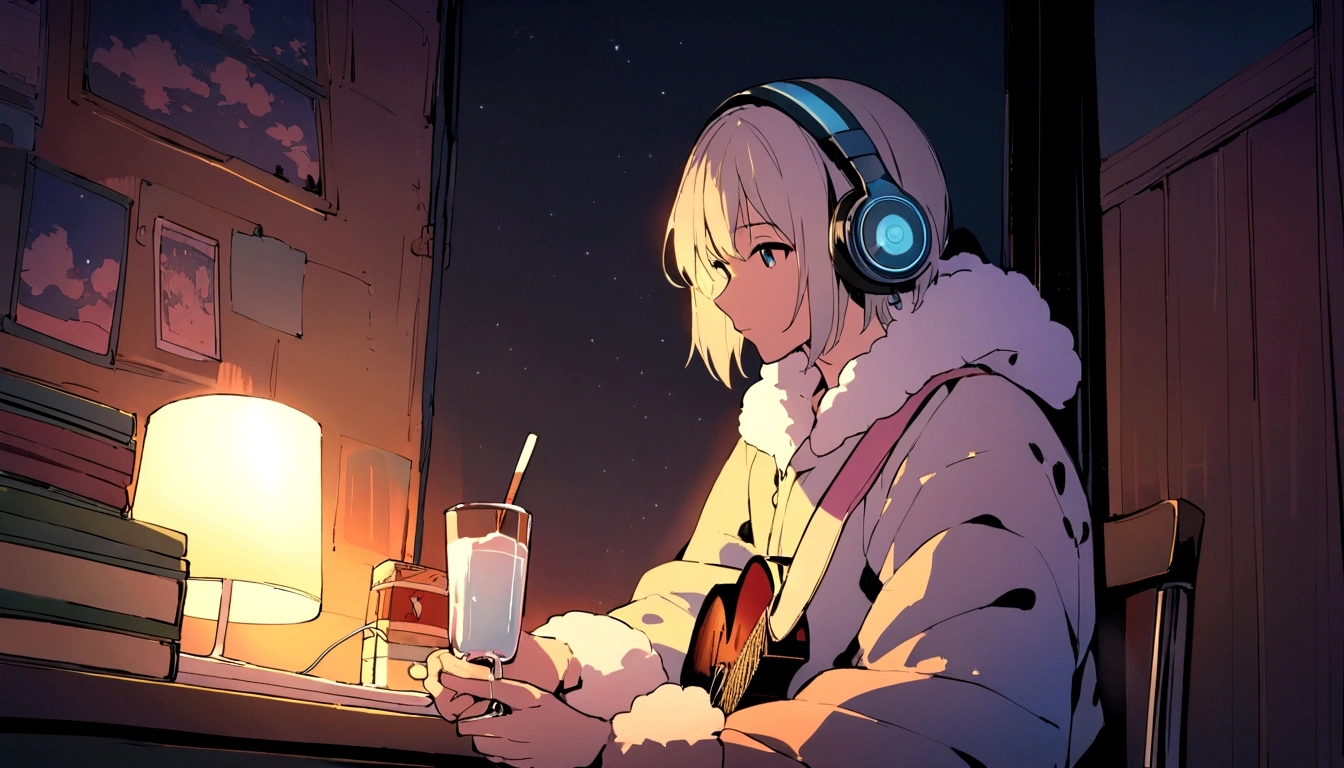 Young man wearing headphones、Single room、night、Sitting at a desk、night空、Drink hot milk、Fluffy pajamas、indirect lighting、Lo-fi atmosphere、night寝る前、night空を見ている、star、guitar