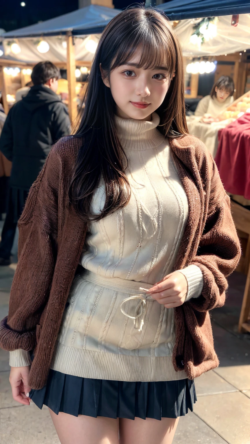 (8k,masterpiece, RAW photo,best quality:1.4),(photo realistic:1.2),(extremely detailed face),(shiny skin),(detailed skin),(detailed face),(extremely beautiful face),1girl,looking at viewer,Japanese idle(actress), brown hair,medium hair,straight hair,asymmetrical bangs,smile,glamor,(large breasts), plumpy breasts, (Fleece jacket, turtleneck sweater, Pleated skirt:1.2), christmas market,high position,professional lighting