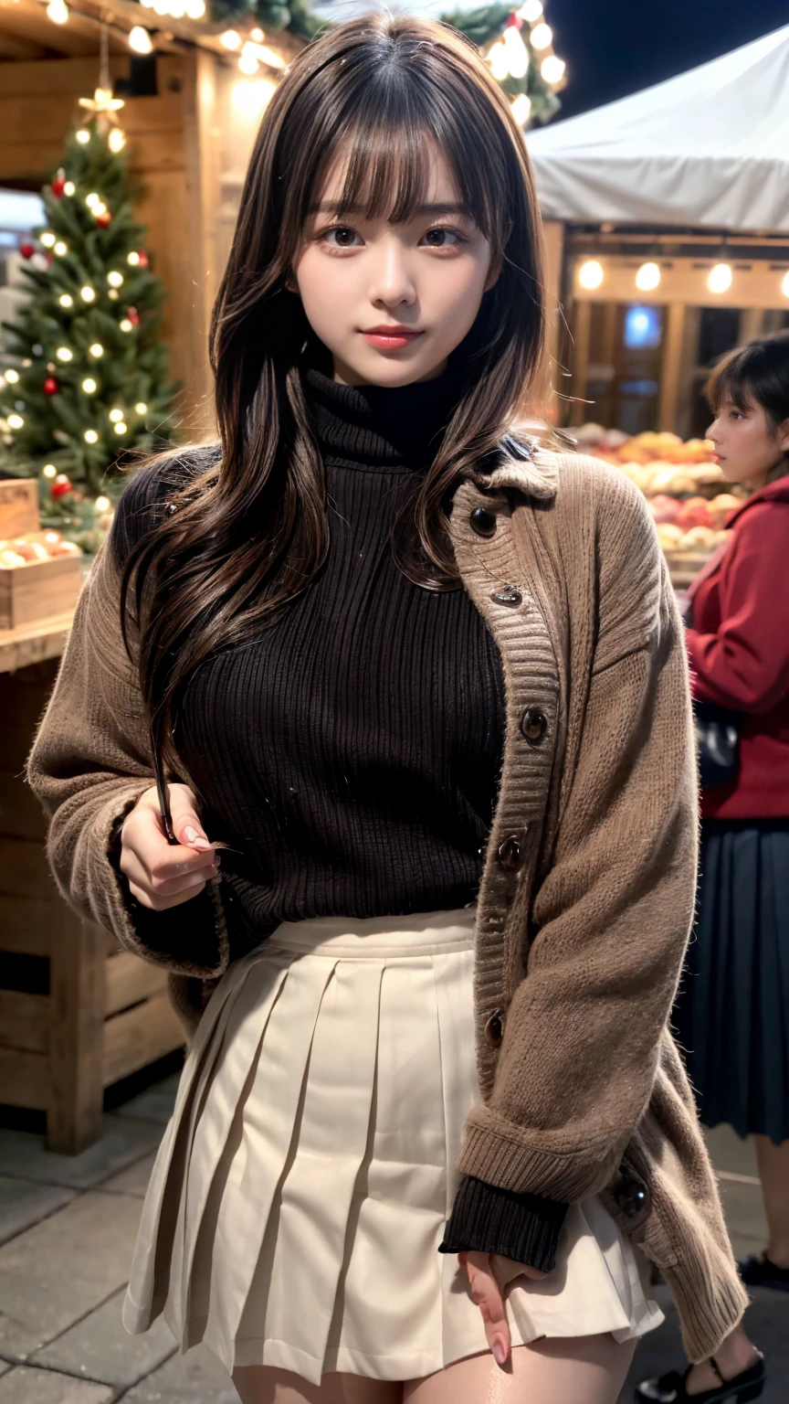 (8k,masterpiece, RAW photo,best quality:1.4),(photo realistic:1.2),(extremely detailed face),(shiny skin),(detailed skin),(detailed face),(extremely beautiful face),1girl,looking at viewer,Japanese idle(actress), brown hair,medium hair,straight hair,asymmetrical bangs,smile,glamor,(large breasts), plumpy breasts, (Fleece jacket, turtleneck sweater, Pleated skirt:1.2), christmas market,high position,professional lighting