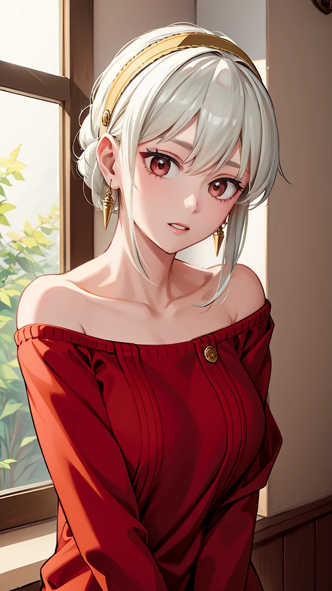 A high resolution、masterpiece、1 girl in、Bjorf, short hair with long strands, white hair band, grin、Bring your face closer、Red eyes, gold earrings, jewelry, off the shoulders, red sweater, sweater dress, long sleeves, 24 years、high