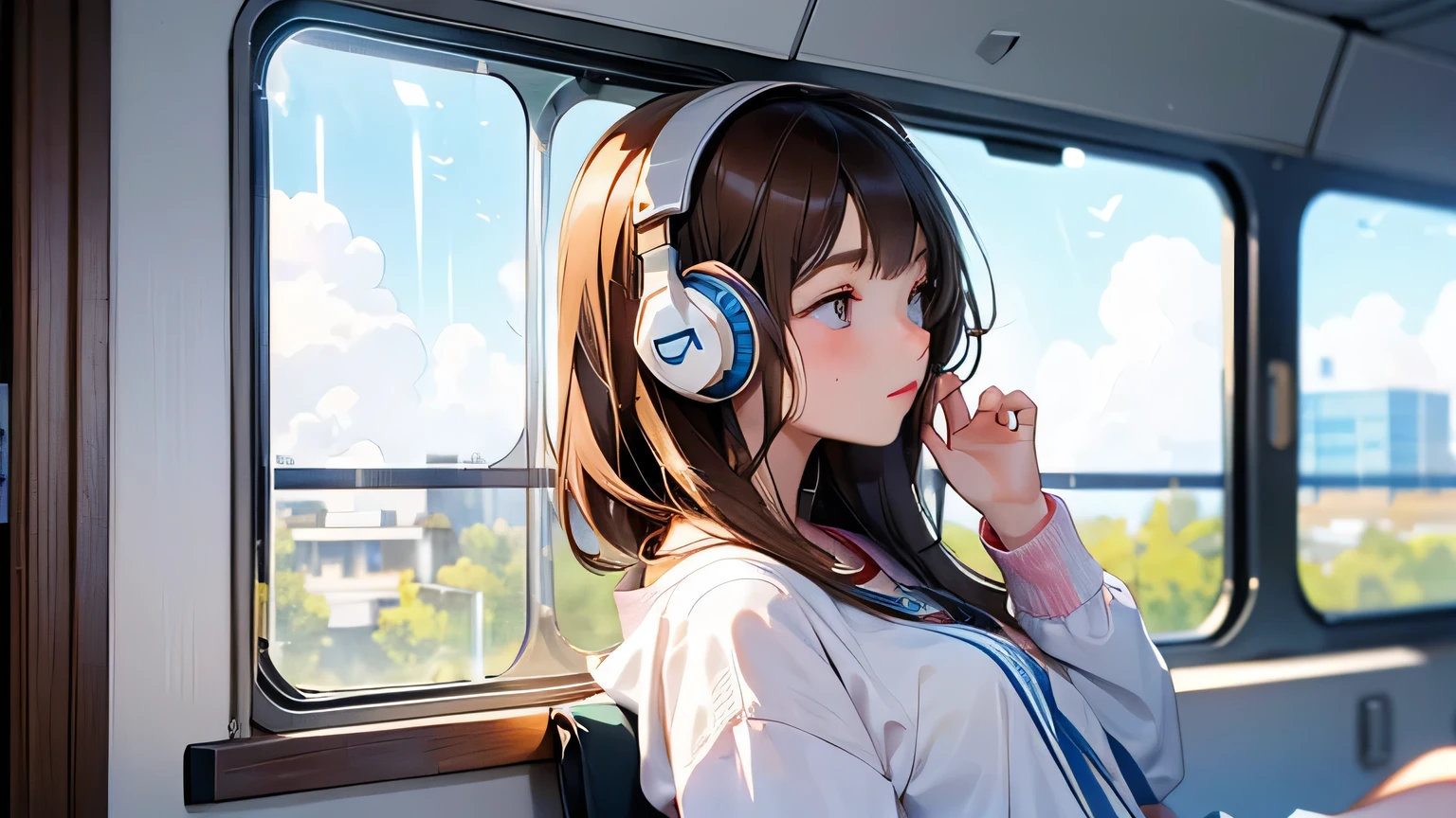peaceful atmosphere, one brunette girl, headphone, room, big windows, looking out the window