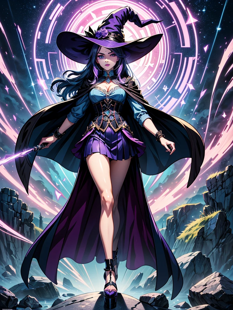 In the middle of so the storm on the stone field stand beatiful witch, she have a beautiful face with blue eyes shining purple lipstick and purple eye shadows, she have long blue hair with purple highlights, she dressed in black long coat short skirt high heels shoes and witch hat on her head , there is lighnings all around her, (ultra high quality fantasy art, anime fantasy style, masterpiece, ultra high quality character design, 8k quality anime art, realistic anime art, top quality wallpaper illustration, detailed ultra high quality accurate face, high quality design and accurate physic)