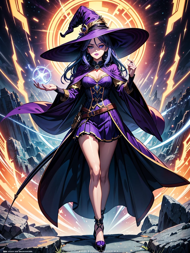In the middle of so the storm on the stone field stand beatiful witch, she have a beautiful face with blue eyes shining purple lipstick and purple eye shadows, she have long blue hair with purple highlights, she dressed in black long coat short skirt high heels shoes and witch hat on her head , there is lighnings all around her, (ultra high quality fantasy art, anime fantasy style, masterpiece, ultra high quality character design, 8k quality anime art, realistic anime art, top quality wallpaper illustration, detailed ultra high quality accurate face, high quality design and accurate physic)