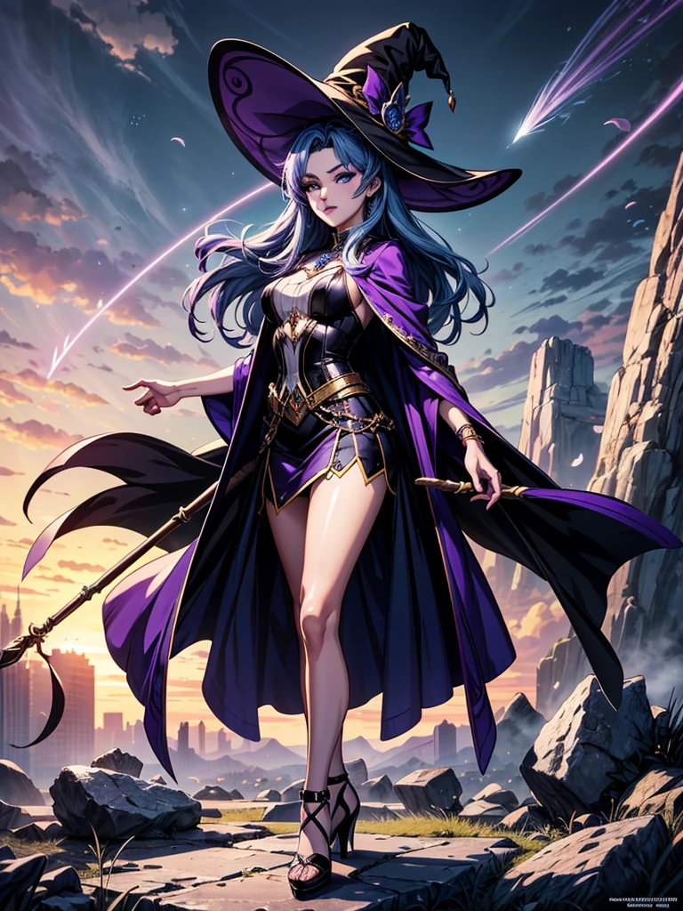 In the middle of so the storm on the stone field stand beatiful witch, she have a beautiful face with blue eyes shining purple lipstick and purple eye shadows, she have long blue hair with purple highlights, she dressed in black long coat short skirt high heels shoes and witch hat on her head , there is lighnings all around her, (ultra high quality fantasy art, anime fantasy style, masterpiece, ultra high quality character design, 8k quality anime art, realistic anime art, top quality wallpaper illustration, detailed ultra high quality accurate face, high quality design and accurate physic)