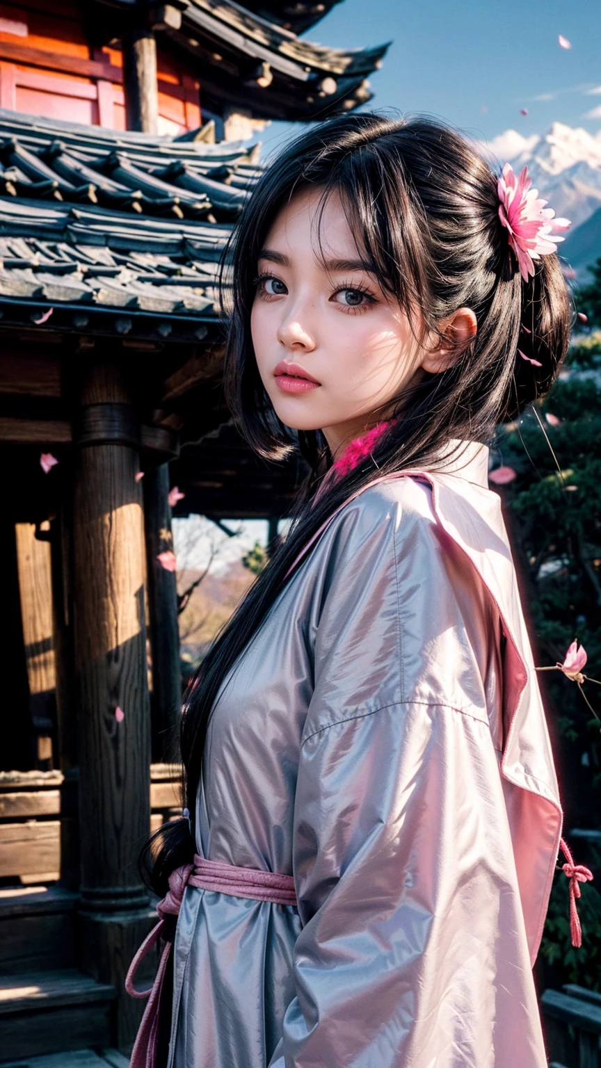 (best quality, masterpiece),(1 Girl, Shrine maiden, coat, Expression face, black eyes, Looking ahead ,Black Hair, walk, Upper Body), (Night sky, There is a huge old tree behind, Shiny pink petals are falling behind, Behind the Shrine, Mountain Background, Blowing, Meteor Cloud)