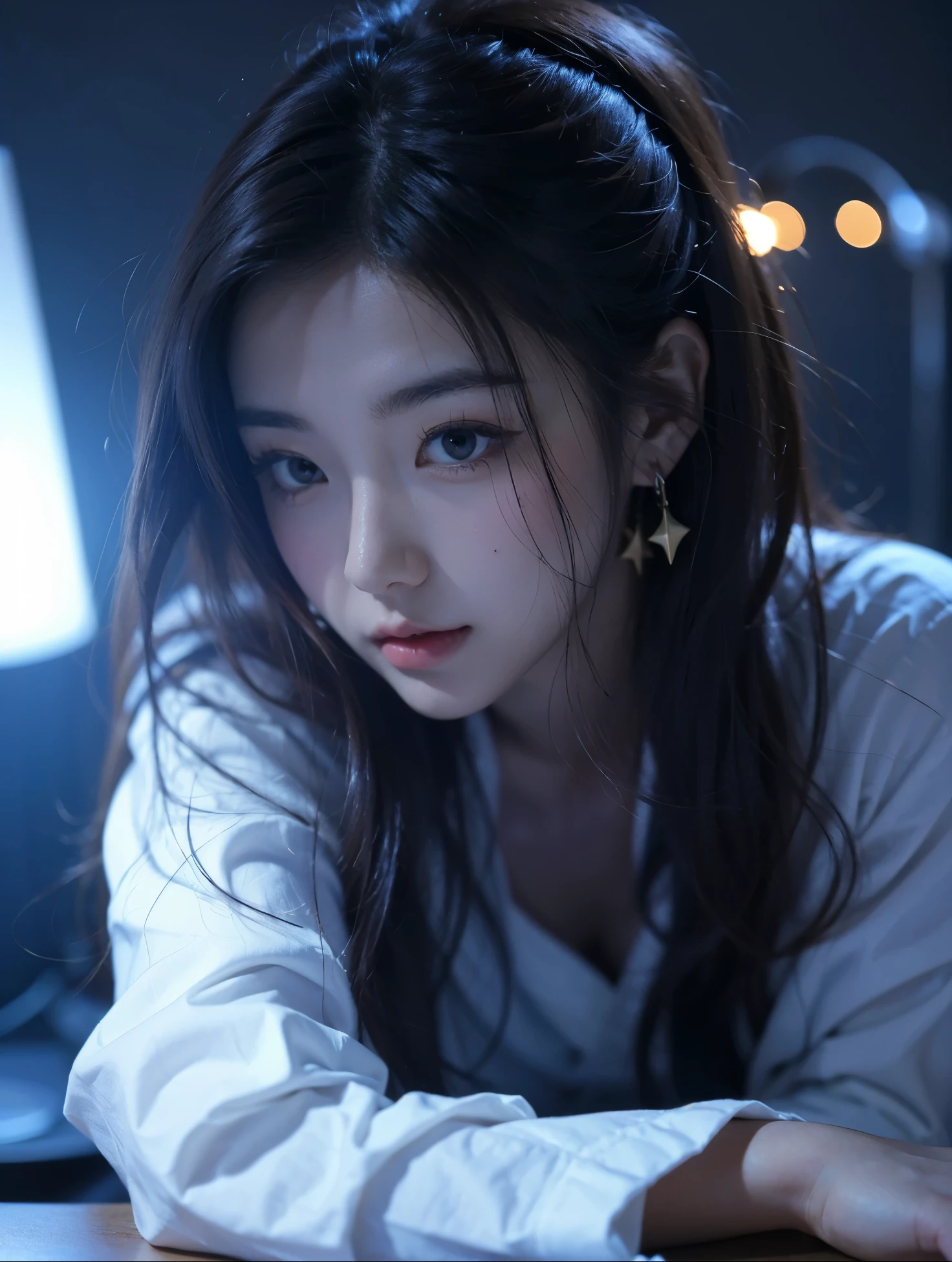 Beautiful Japanese waifu, brunette hair, rest on a small desk with a lamp, star shaped earrings 