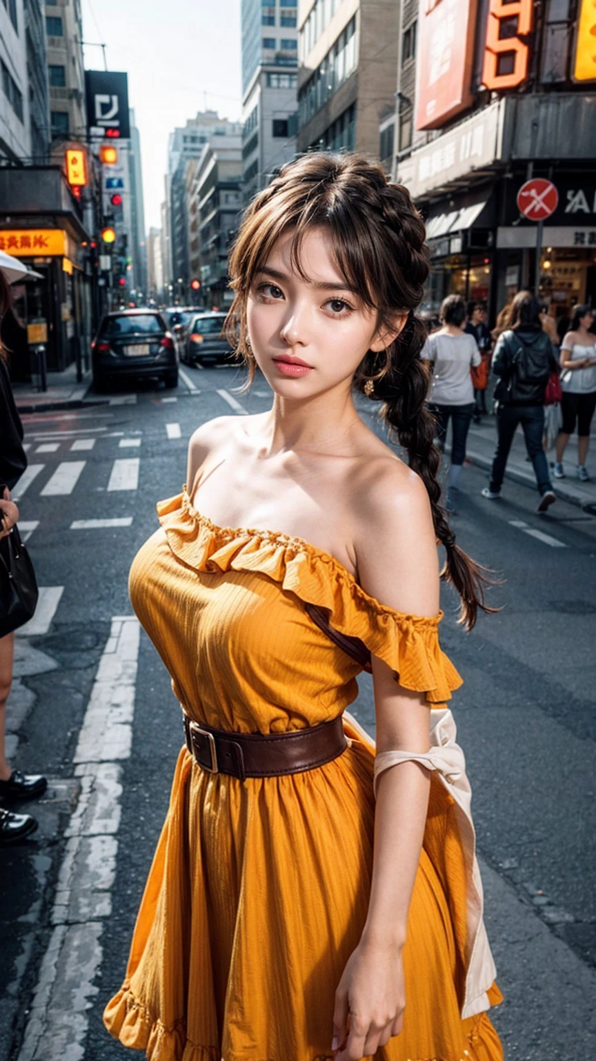 a woman posing on the street corner with orange dress on, best quality, 1 Girl, Large Breasts, sky, bright, Blurred Background, Bokeh, outdoor, (street:0.8), (people, crowd:0.8), (Off-shoulder dress:1.2), Gorgeous, (Braided Bangs:1.2), 美丽细致的sky空, (Dynamic poses:1.2), Soft lighting, wind, Glowing skin, (Upper Body:0.8), (freckle:0.8), Mole under mouth,