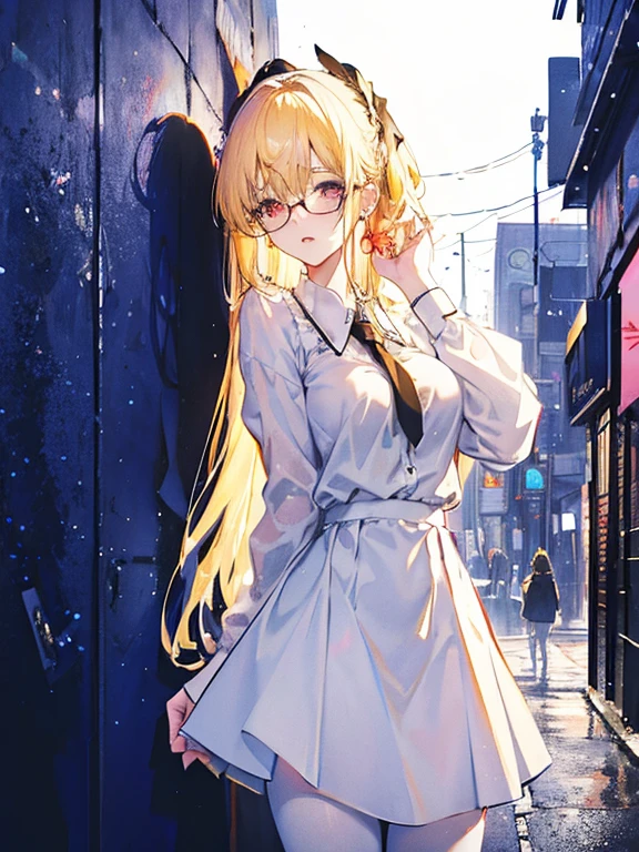 Young and beautiful Kathryn Newton, Gles, White dress shirt, The neckline is deep, Black Mini Dress, Dark pantyhose, Surreal, 14 years old, Model Diagram, Large Breasts, Beautiful breasts, Big Ass, Long hair, Ponytail, Blonde hair, Long legs, 8K, futuristic city, Cherry blossoms, sunrise, LED lighting, Anime style, (((cleveage)))，（（Leaning against the wall，Sideways posture））