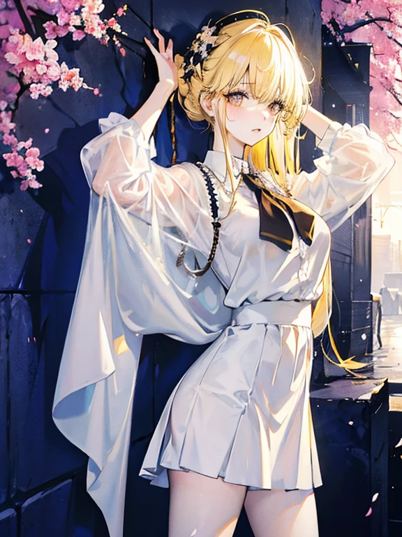Young and beautiful Kathryn Newton, Gles, White dress shirt, The neckline is deep, Black Mini Dress, Dark pantyhose, Surreal, 14 years old, Model Diagram, Large Breasts, Beautiful breasts, Big Ass, Long hair, Ponytail, Blonde hair, Long legs, 8K, futuristic city, Cherry blossoms, sunrise, LED lighting, Anime style, (((cleveage)))，（（Leaning against the wall，Sideways posture））