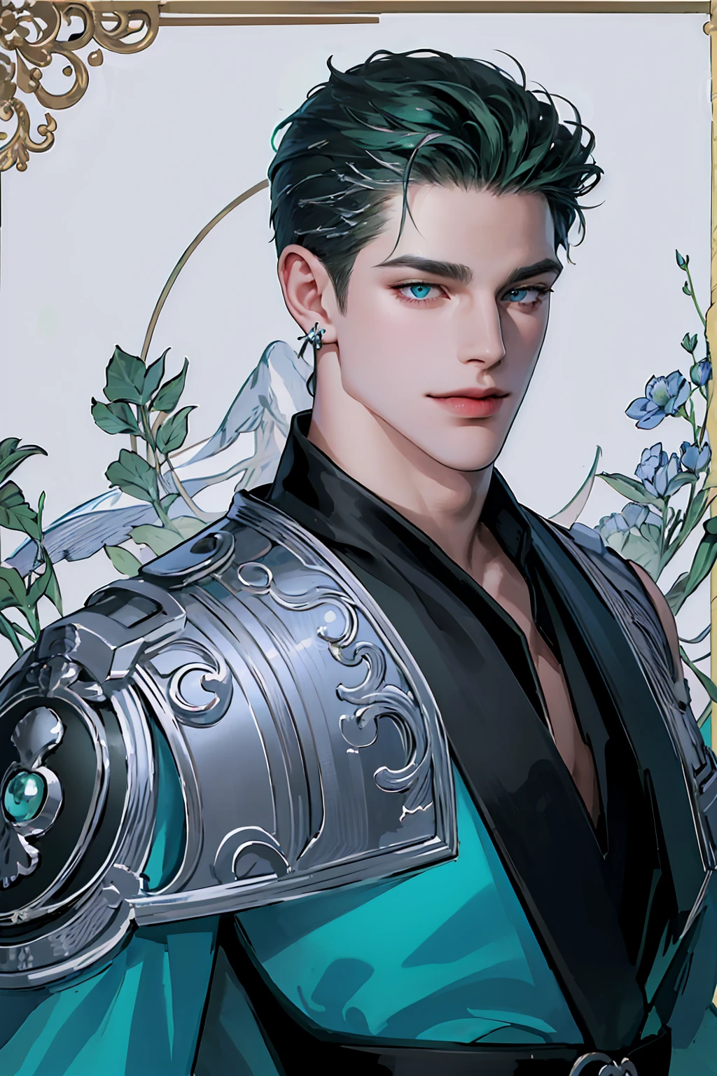 (absurd, ultra-detailed, high quality, masterpiece), 1 man, solo, adult, mature, handsome, tall muscular guy, broad shoulders, elegant pose, upper body, pale, magus, black green hair in a short parted style cut, icy light blue eyes, intricate eyes, in green and black flowy robes with silver accents, silver piercings in ears, smiling devilishly