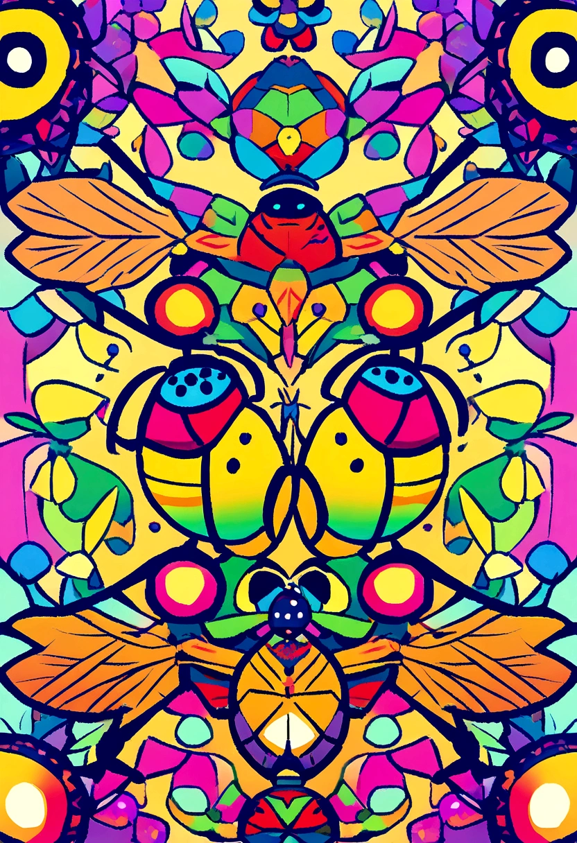 Cartoon of a bee and a ladybug pollinating a flower)