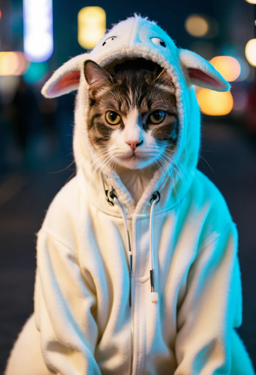 Portrait, cute cat puppy wearing sheep clothes, low light, grumpy, in a city at night neon 8k