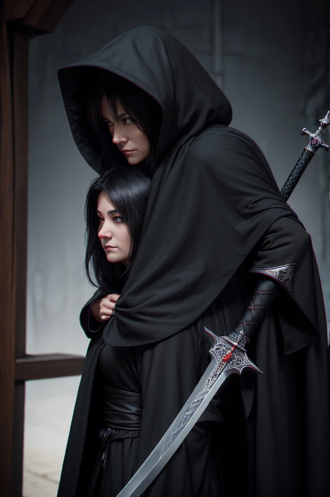 A middle-aged woman, with a black hooded cloak and a huge sword on his back, sat with a serious expression in the temple at nightPerfect details, frontal view, facing the camera, ultra-high definition, 32K, medium shot, anime style, 000068