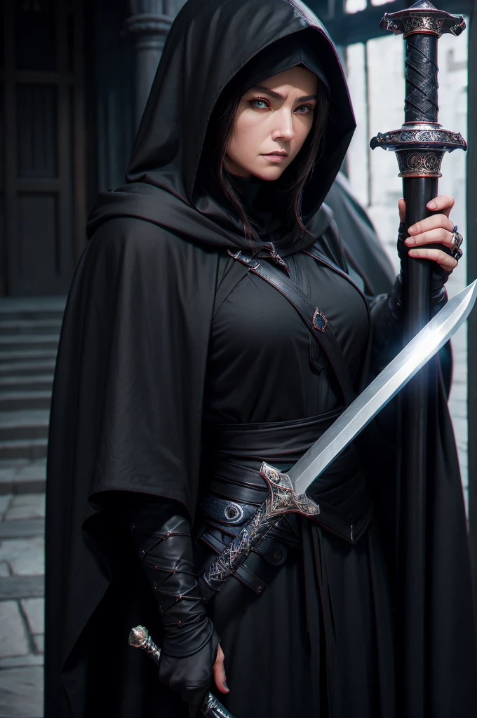 A middle-aged woman, with a black hooded cloak and a huge sword on his back, sat with a serious expression in the temple at nightPerfect details, frontal view, facing the camera, ultra-high definition, 32K, medium shot, anime style, 000068