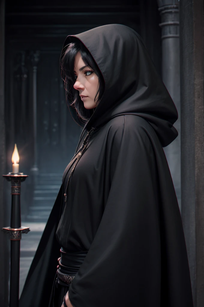 A middle-aged woman, with a black hooded cloak and a huge sword on his back, sat with a serious expression in the temple at nightPerfect details, frontal view, facing the camera, ultra-high definition, 32K, medium shot, anime style, 000068