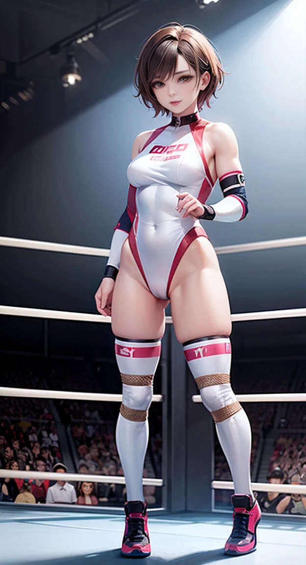 full body photographed、(highly detailed:1.2) ,ultra-detailed,top-quality,hight resolution,Female professional wrestler　pro wrestling shoes　Knee pad　elbow pad　Professional Wrestling Ring　three ring rope　1mature woman　solo　light brown hair　Drooping eyes　small breasts　highleg whiteleotard　Muscular　mature face　short hair standing