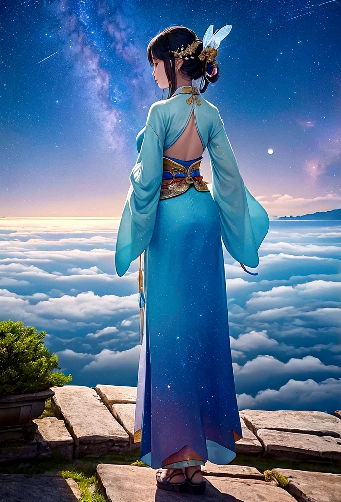 masterpiece, Highest quality: 1.4)， Detailed Background，Beautiful female fairy of ancient China、One female、Back view、Beautiful standing posture、Clouds at your feet、streamer，Gauze cloth，Floating in the air，Elevation angle of view，The Milky Way is amazing，The full moon is empty，