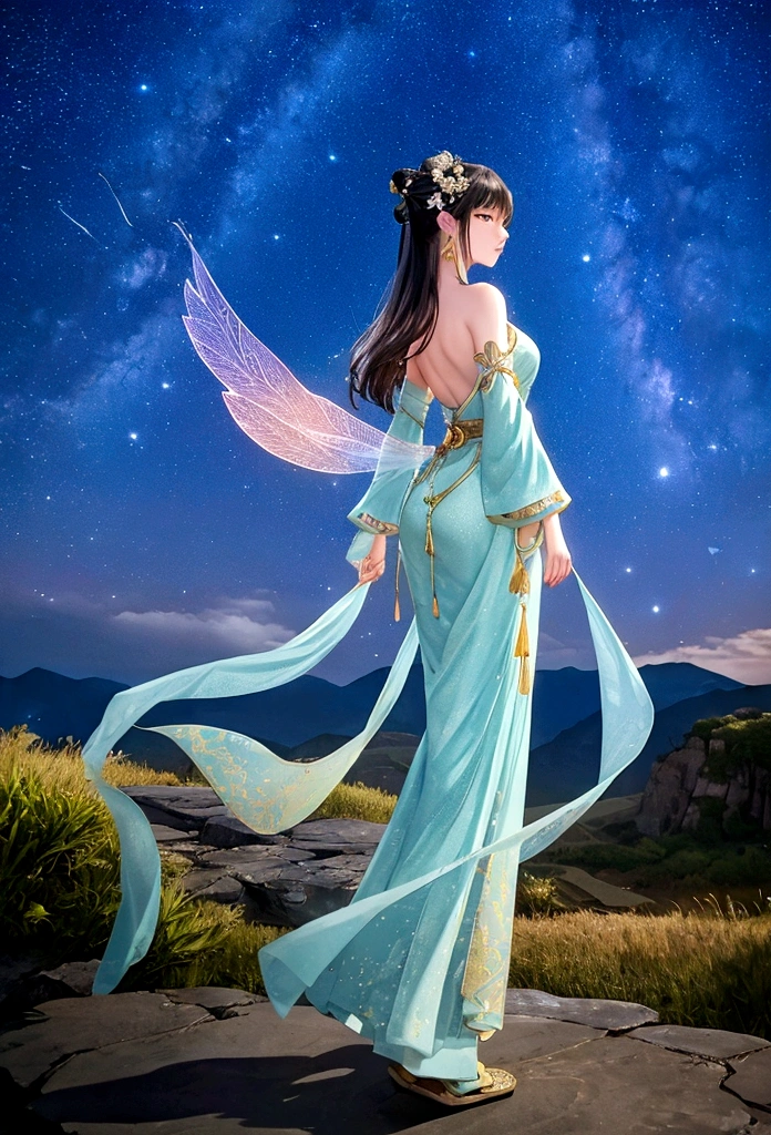 masterpiece, Highest quality: 1.4)， Detailed Background，Beautiful female fairy of ancient China、One female、Back view、Beautiful standing posture、Clouds at your feet、streamer，Gauze cloth，Floating in the air，Elevation angle of view，The Milky Way is amazing，The full moon is empty，