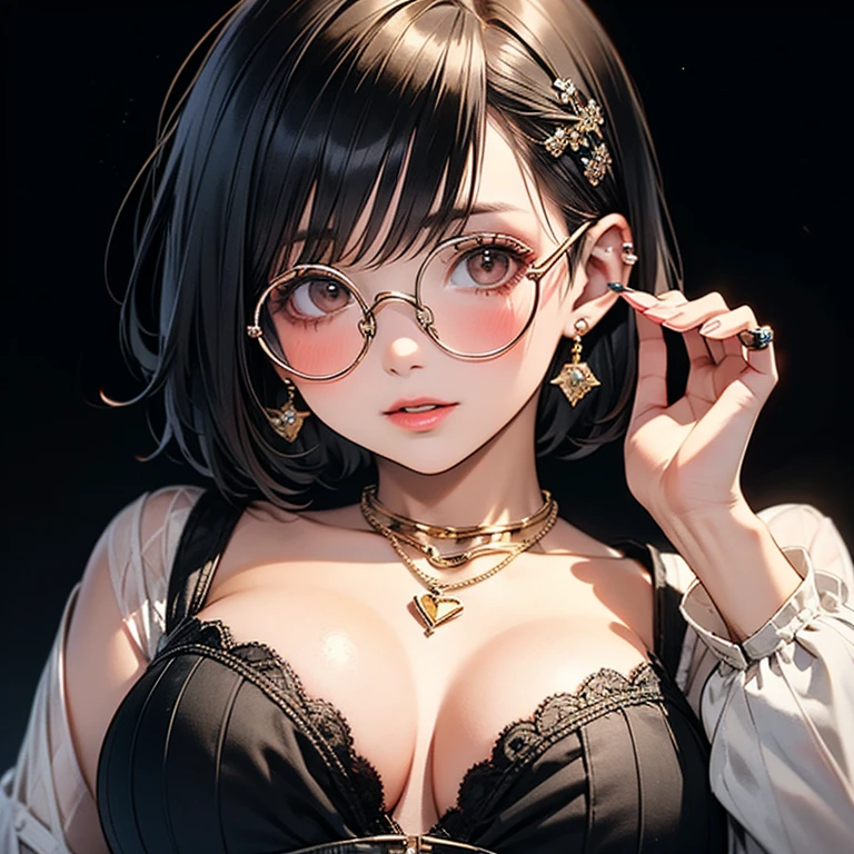(masterpiece:1.2), Highest quality,sexy,Big Breasts, alone, Colored glasses, jewelry, hair ornaments, View your viewers,One girl, short hair,Earrings, whole body, hair 花, Colored glasses, sunglasses, necklace, bangs, Black Hair, Round Glasses, Earrings