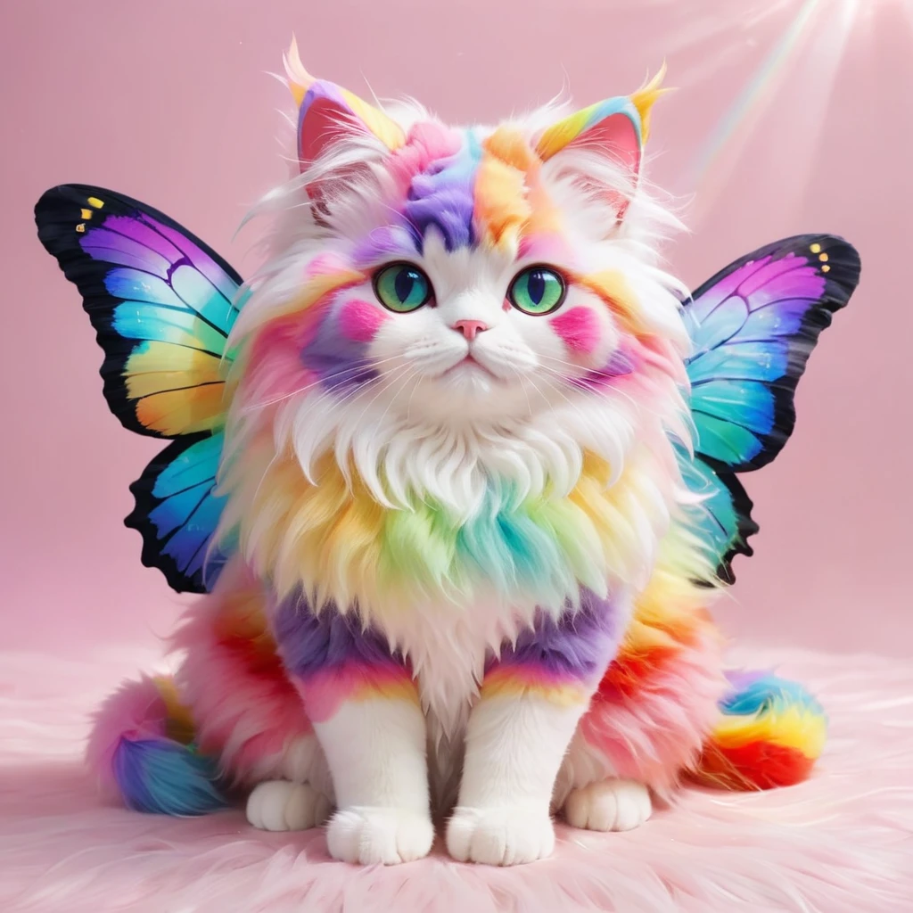 Butterfly and cat fusion。Fluffy fur cat。Rainbow colors。bright。Fairy。