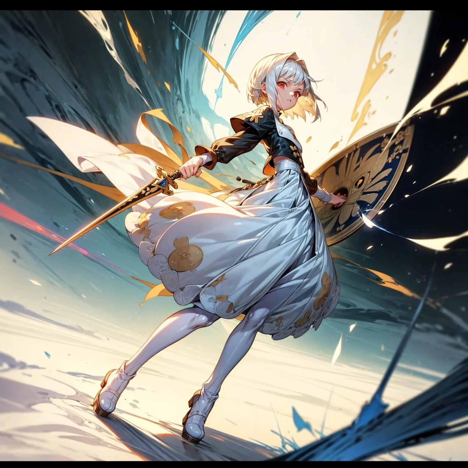 1girl, Full body version, 1character, light red eyes color, white skin, short hairstyle, white colour hair, saber style clothing, Long skirt, long socks, long boots, dagger knife in hand, small Shield in hand, full background, Grassroots background in village, motion blur, shadow, battle gesture, (one piece style art)
