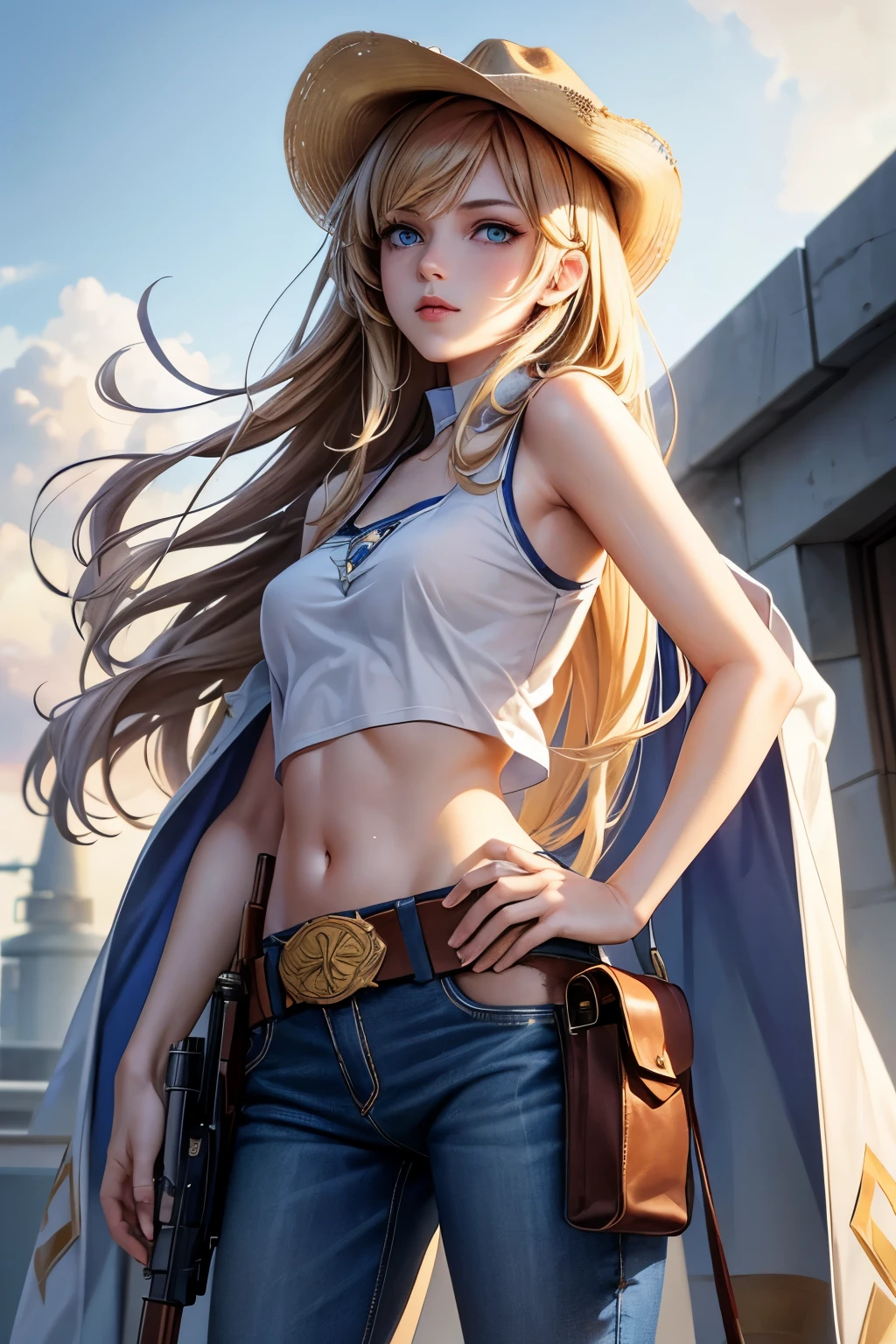 1 girl, masterpiece, macross delta splash art, best quality, white tank top, midriff, short blue jeans, small breasts, cowboy hat, gun holster on hip, highly detailed gun, realistic gun, Colt Peacemaker in hand, gun aimed forward, sheriff badge, bullets on belt, brown leather duster, leather overcoat, detailed eyes, sparkling eyes, beautiful hands, highly detailed hands, straight hands, shiny skin, shiny hair, blue eyes, light blonde hair, tall, long hair, straight hair, full body, American flag