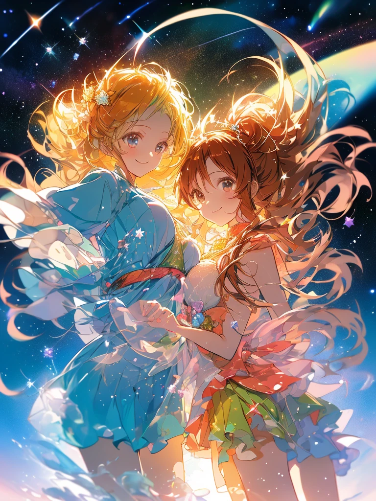 Masterpiece, Orihime (Hanfu,medium breasts,cutesmile,cuteHanfu,extreme beauty, cute),Hikoboshi(Hanfu,handsome, cool), Tanabata, background Milky Way, star-filled sky. shining stars, twinkling stars, summer triangle (Orihime star, Hikoboshi, star Choboshi) Bright stars, beautiful stars, starry sky, spectacular scenery} Orihime andHikoboshi face eachother and are happyto be reunited.Orihime and Hikoboshi are in the Milky Way