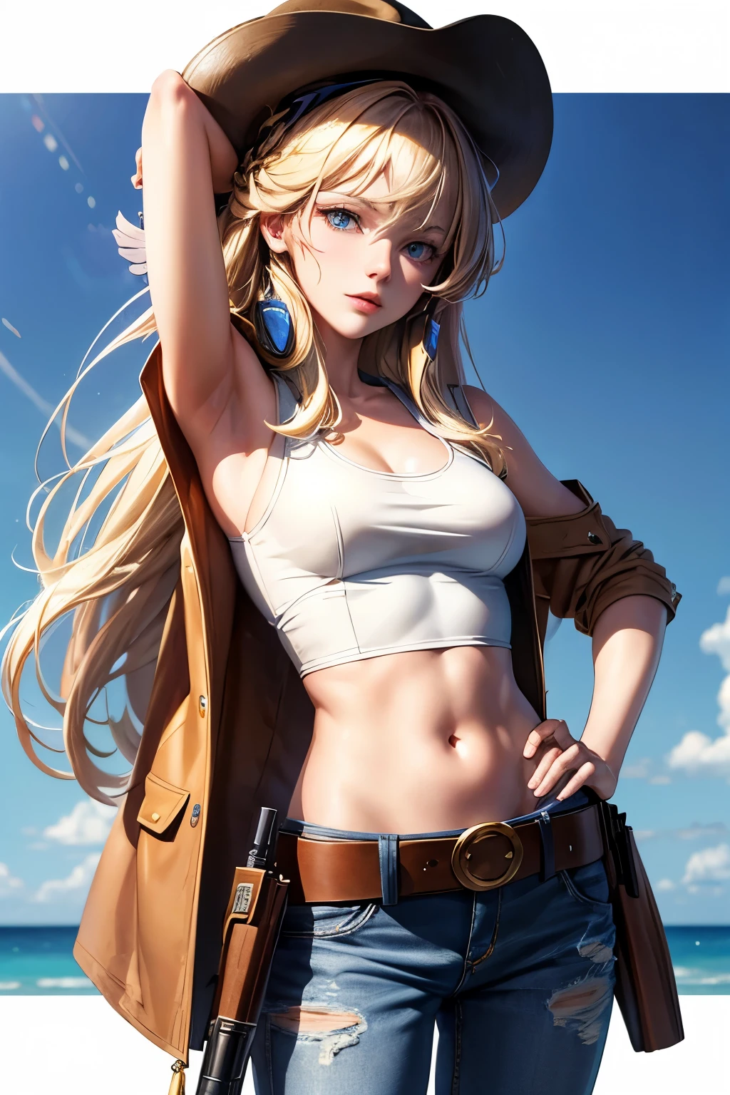 1 girl, masterpiece, macross delta splash art,  best quality, white tank top, midriff, short blue jeans, small breasts, cowboy hat, gun holster on hip, highly detailed gun, realistic gun, Colt Peacemaker in hand, gun aimed forward, sheriff badge, bullets on belt, brown leather duster, leather overcoat, detailed eyes, sparkling eyes, beautiful hands, highly detailed hands, straight hands, shiny skin, shiny hair, blue eyes, light blonde hair, tall, long hair, straight hair, full body, American flag