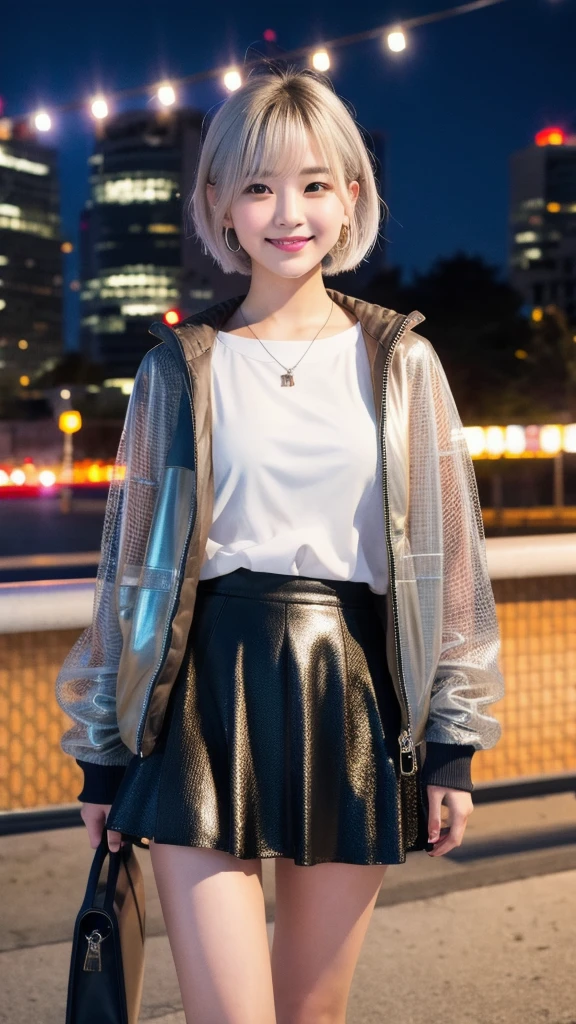 (8K, Photorealistic, Raw photo, Highest quality: 1.4),Japanese idol-style beautiful girl,1 person,18-year-old,(Short Bob),(Silver Hair :1.1),She has her hair tucked behind her ears,Clear grey eyes,Long eyelashes,(piercings(small)),(Lip gloss),lips(Plump,glossy),thin long neck,(camisole),(flare skirt(Transparency)),pumps,(Jacket((race),(Mesh))Layering),Night in the city,Date with boyfriend,Smiling at the camera,Full body portrait