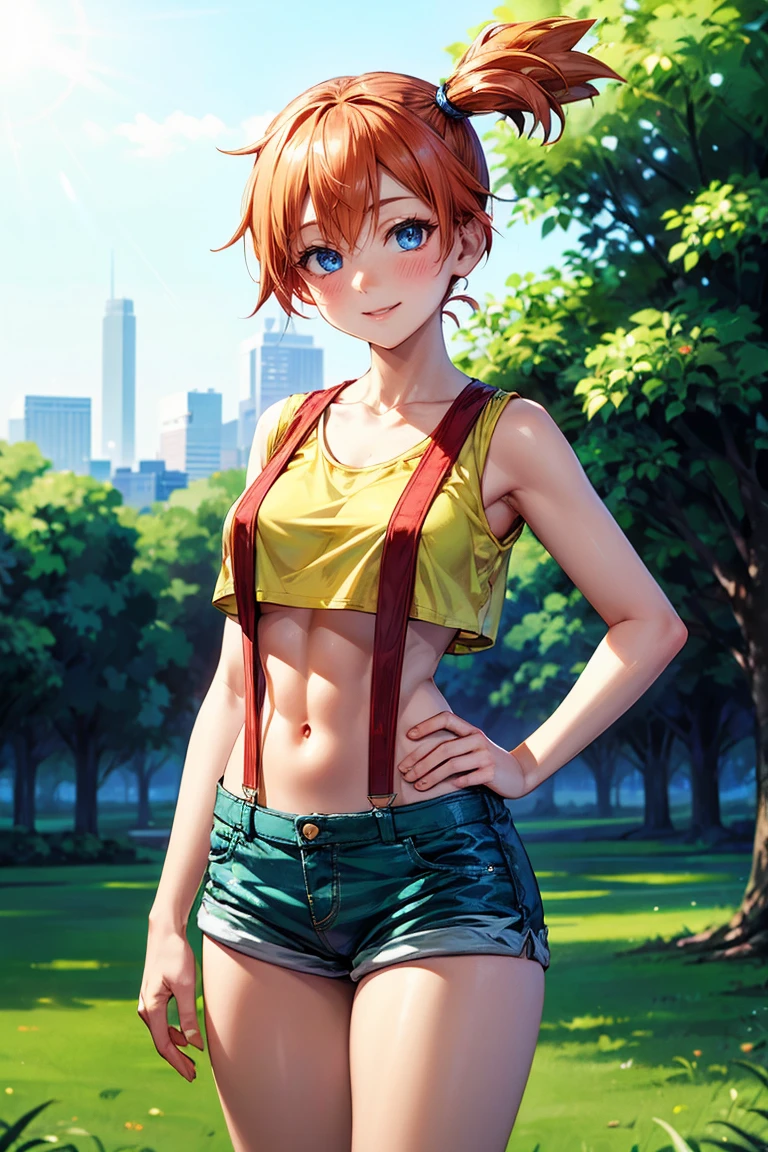 from side, belowview,,Dutchangle,soro focus.,(upperbody:1),(,best quality, ultra detailed),superfineillustration,anime studio,highly detailed, (detailed background, complex background:1.2), (perfect face, detailed face), full-face blush, (smile, happy), (milf, mature girl) misty_(pokemon), short hair,side ponytail, looking at viewer, smile, blush, navel, shorts, blue eyes, (suspenders), shirt, crop top,beautiful abs,(beautiful under_boob), midriff, short shorts, medium breasts,(beautiful body),(skiny skin).(). (outdoors, garden, thighs,standing),depth of field,(professional lighting,cinematic lighting,lens flare.beautifully lit),(hands on hips) ,misty_(pokemon),