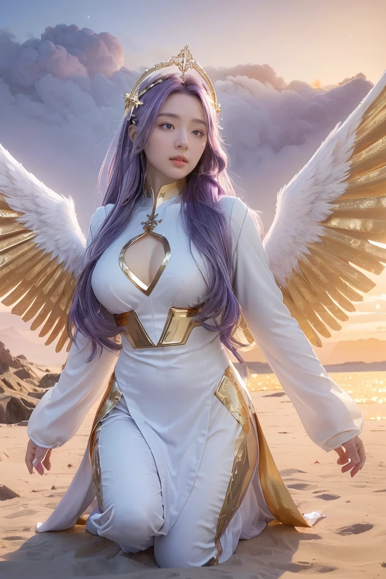 ((masterpiece, best quality, extremely detailed), volumetric lighting, ambient occlusion, colorful, glowing), 
1girl, solo, young girl, (purple hair), long hair, halo, aura, sacred, goddess, cleric suit, (white outfit with gold detailst:1.3), angel wings,
outdoors, sunset, sky, clouds, space, (fantasy theme:1.2),