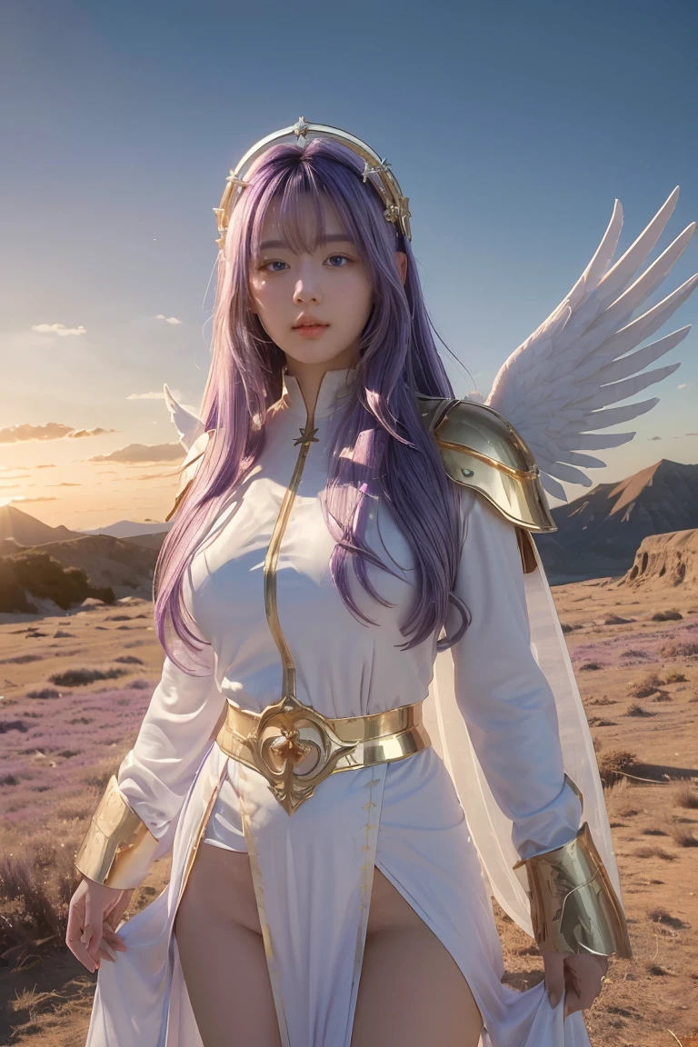 ((masterpiece, best quality, extremely detailed), volumetric lighting, ambient occlusion, colorful, glowing), 
1girl, solo, young girl, (purple hair), long hair, halo, aura, sacred, goddess, cleric suit, (white outfit with gold detailst:1.3), angel wings,
outdoors, sunset, sky, clouds, space, (fantasy theme:1.2),