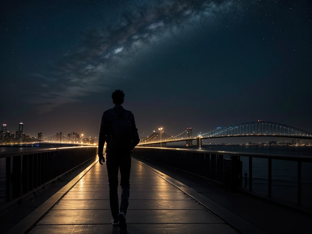 silhouette of man walking on a bridge with his back turned, at night and with the city in the background, seeing another person away from him in the distance, very far away