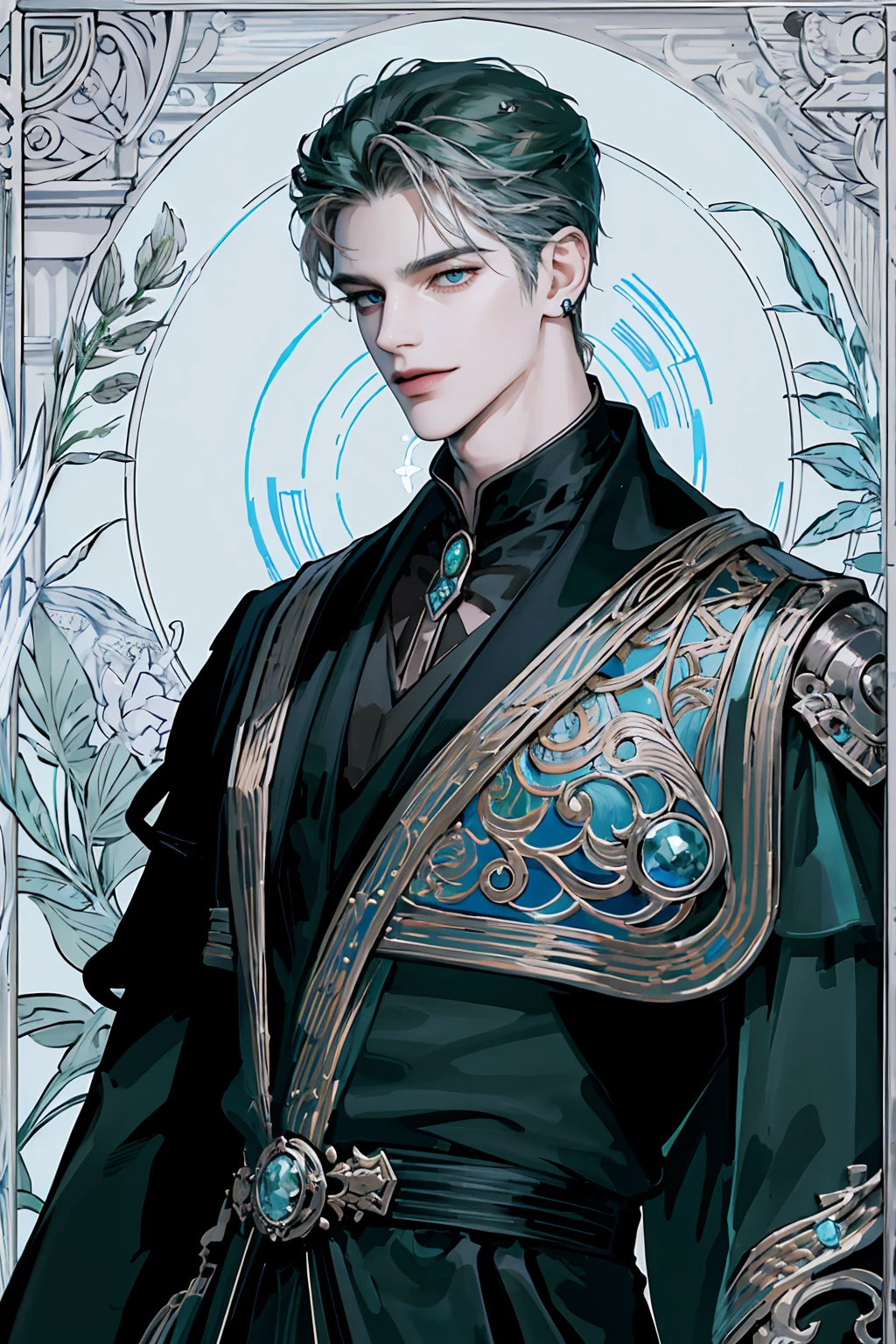 (absurd, ultra-detailed, high quality, masterpiece), 1 man, solo, adult, mature, handsome, tall muscular guy, broad shoulders, elegant pose, upper body, pale, magus, black green hair in a short parted style cut, icy light blue eyes, intricate eyes, in green and black flowy robes with silver accents, silver piercings in ears, smiling devilishly