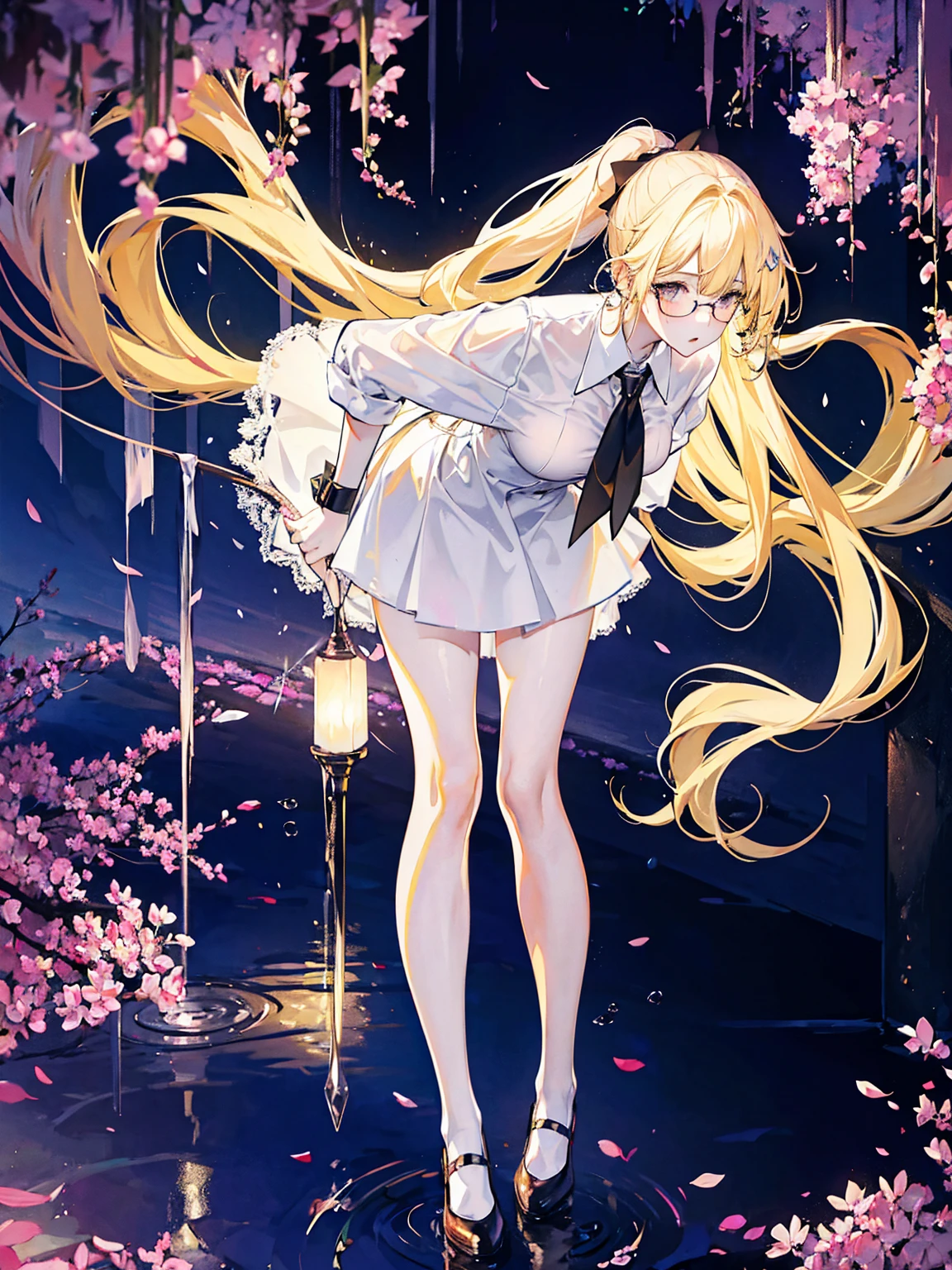 Young and beautiful Kathryn Newton, Glasses, White dress shirt, The neckline is deep, White mini dress, Black lace,Dark pantyhose, Surreal, , Model Diagram,Extra large breasts, Beautiful breasts, Big Ass, Long hair, Ponytail, Blonde hair, Long legs, 8K, futuristic city, Cherry blossoms,Sweating all over the body,Large areas of clothing are wet, sunrise, LED lighting, Anime style, (((cleveage))),((Leaning against the wall,Sideways posture))
