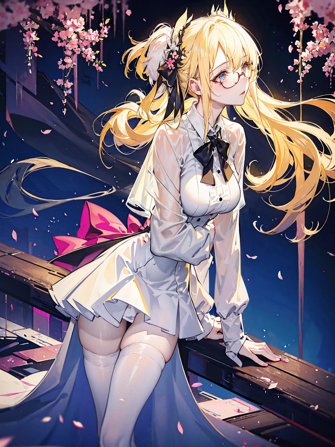 Young and beautiful Kathryn Newton, Gles, White dress shirt, The neckline is deep, Black Mini Dress, Dark pantyhose, Surreal, 14 years old, Model Diagram, Large Breasts, Beautiful breasts, Big Ass, Long hair, Ponytail, Blonde hair, Long legs, 8K, futuristic city, Cherry blossoms, sunrise, LED lighting, Anime style, (((cleveage)))，（（Leaning against the wall，Sideways posture））